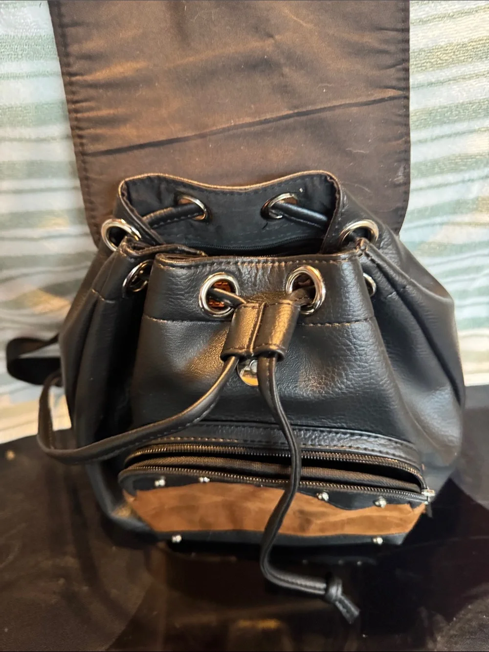 Vaan & Co Black and Brown Leatherette Ladies Backpack - Stylish Stud Detail